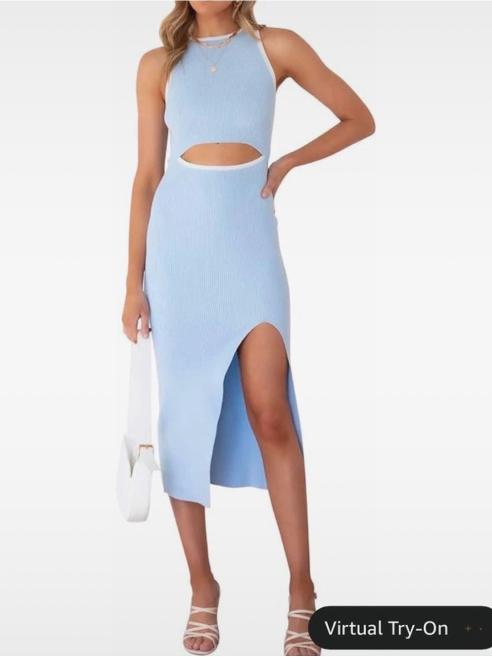 Amazon Light Blue Ribbed Halter Midi Dress with Cutout